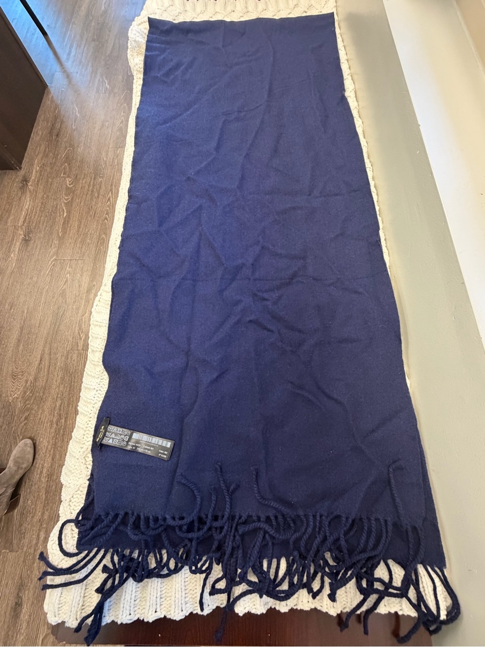 Massimo Dutti Navy Blue Fringe Wool Scarf